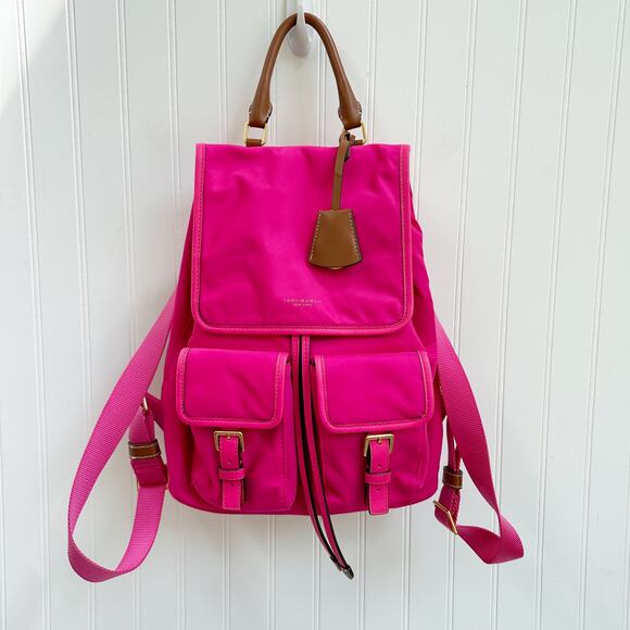 Tory Burch Perry Nylon Flap Backpack Bright Pink Fuchsia Leather Trim Bag - Picture 1 of 16